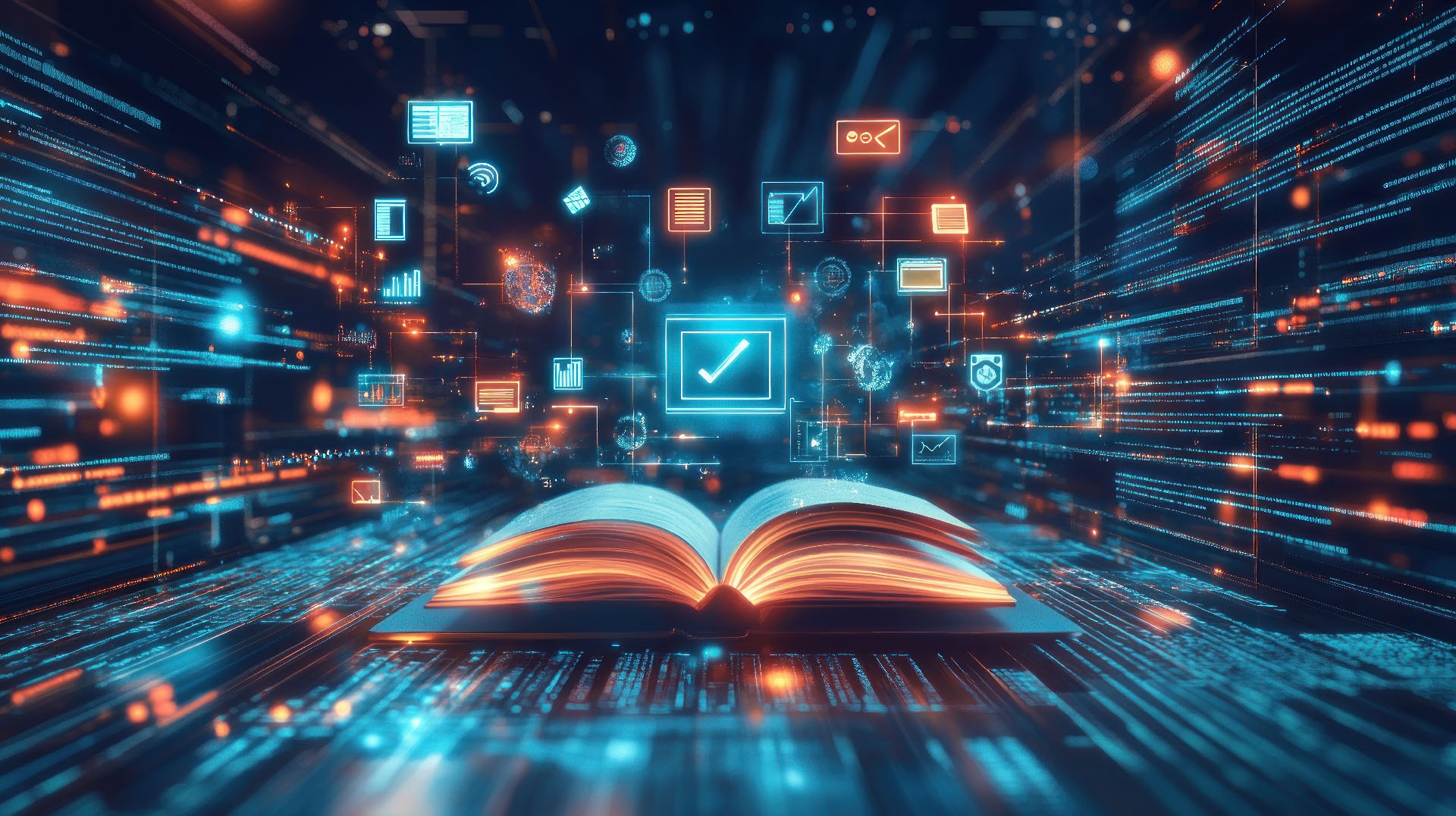 Stilisierte Darstellung digitaler Sicherheit: ein offenes Buch mit aufsteigenden Daten- und Symbol-Strömen.